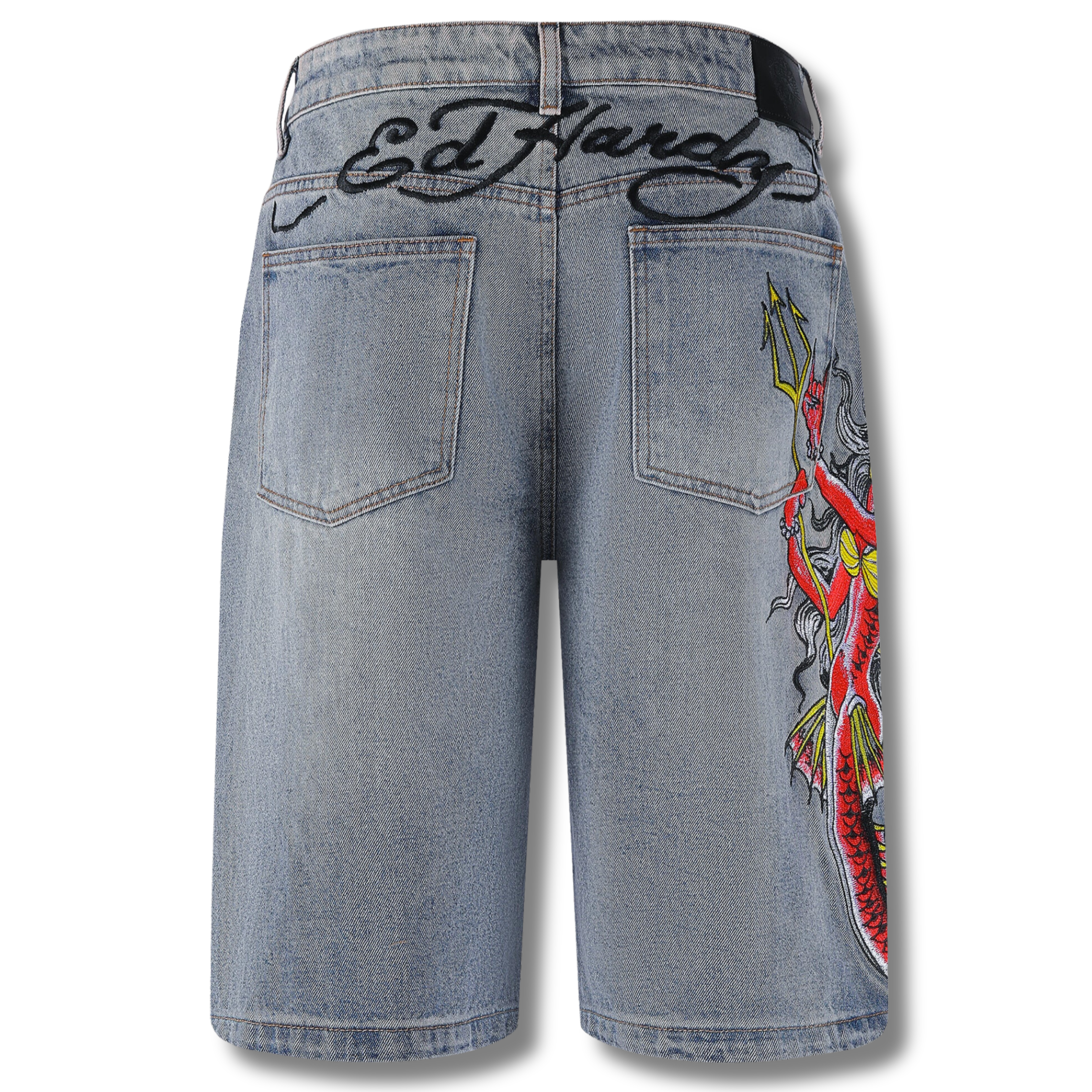 ED HARDY MENS DEVIL MERMAID DENIM JORTS SHORTS - BLUE – No Chaos