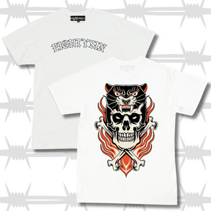 traditional tattoo panther with skull and cross bones t-shirt